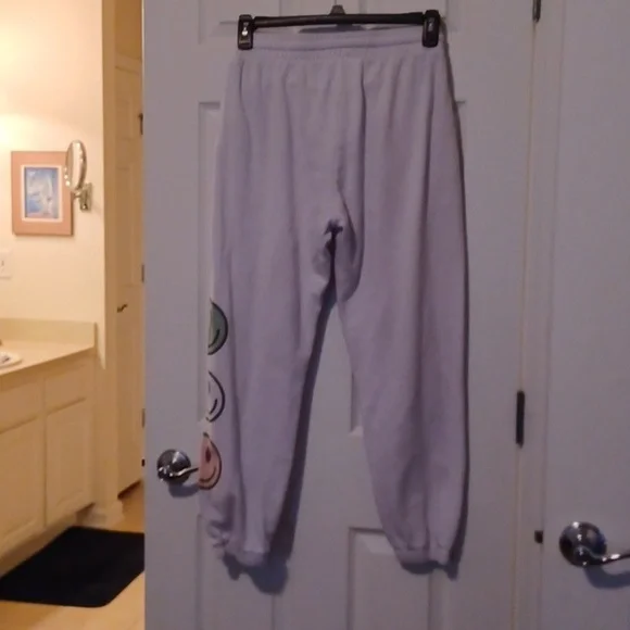 -- White Sweatpants with Colorful Smiley Faces - Picture 4 of 7